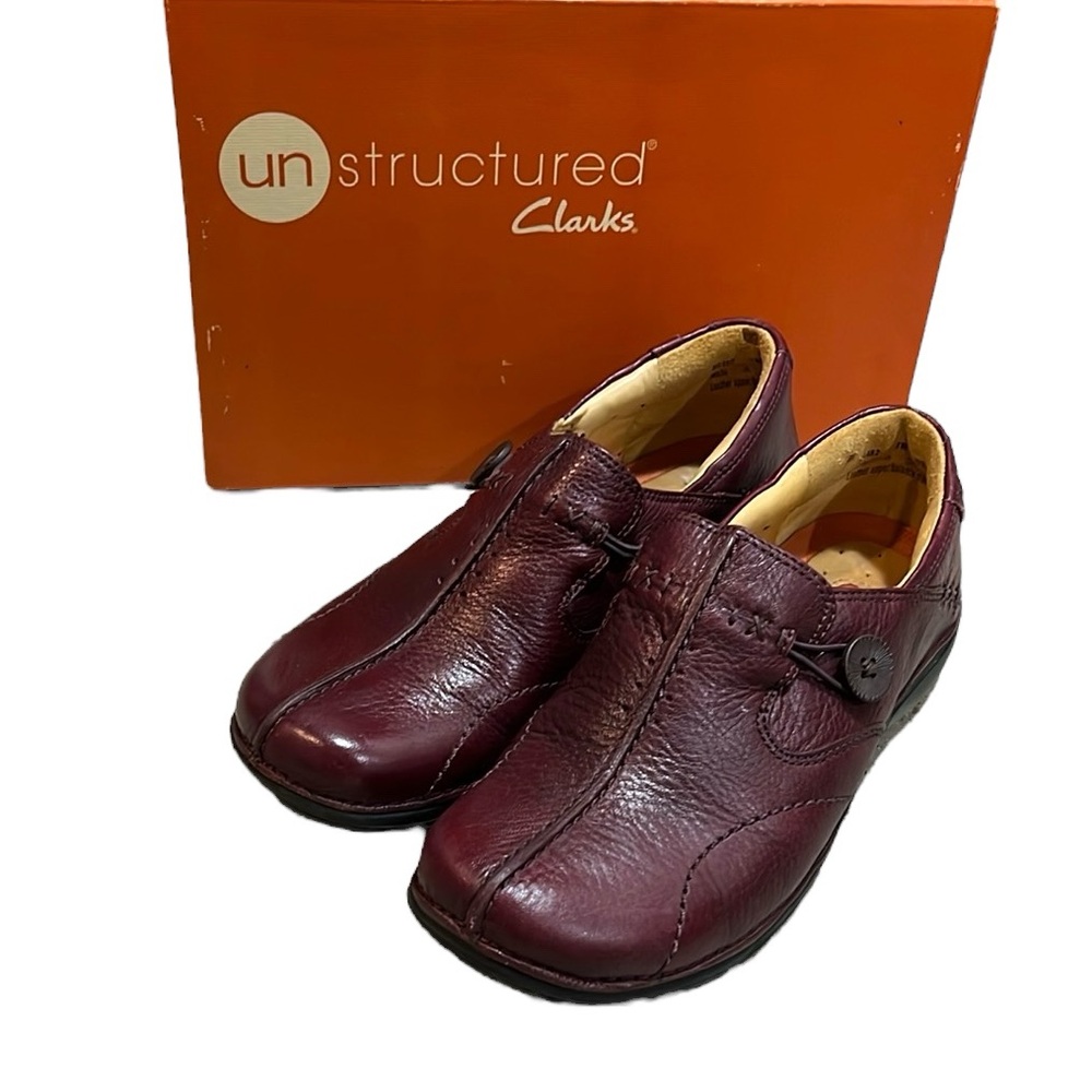 UNSTRUCTURED CLARKS UN.LOOP LEATHER LOAFERS BURGUNDY RED SIZE 7M